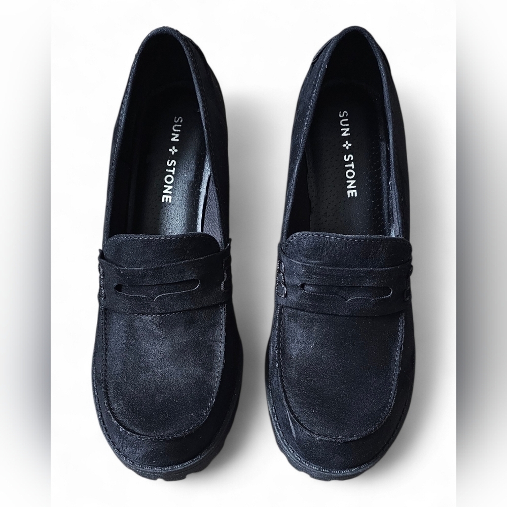 Sun + Stone Women’s Black Suede Block Heel Loafers Size 9 - Picture 3 of 10